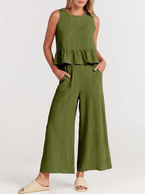 2 Piece Outfits Sleeveless Ruffle Tank Crop Top and Wide Leg Pants Lounge Set with Pockets