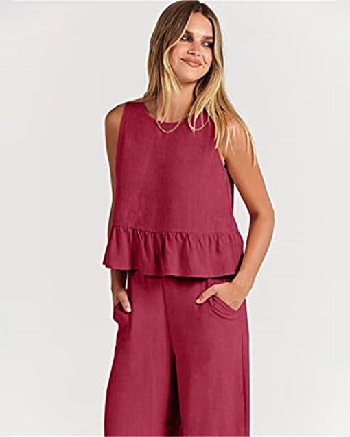 2 Piece Outfits Sleeveless Ruffle Tank Crop Top and Wide Leg Pants Lounge Set with Pockets - Image 14