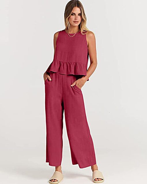 2 Piece Outfits Sleeveless Ruffle Tank Crop Top and Wide Leg Pants Lounge Set with Pockets - Image 11