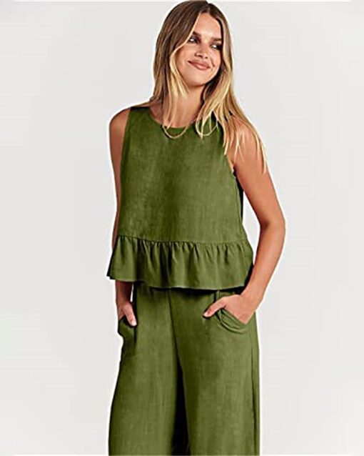 2 Piece Outfits Sleeveless Ruffle Tank Crop Top and Wide Leg Pants Lounge Set with Pockets - Image 7