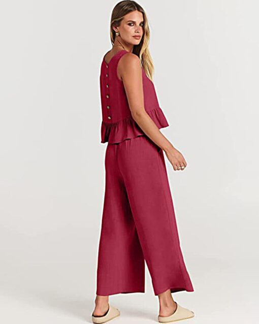 2 Piece Outfits Sleeveless Ruffle Tank Crop Top and Wide Leg Pants Lounge Set with Pockets - Image 10