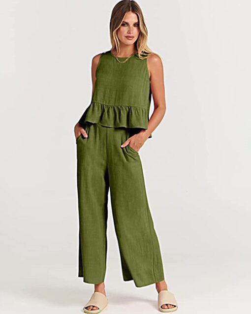 2 Piece Outfits Sleeveless Ruffle Tank Crop Top and Wide Leg Pants Lounge Set with Pockets - Image 4