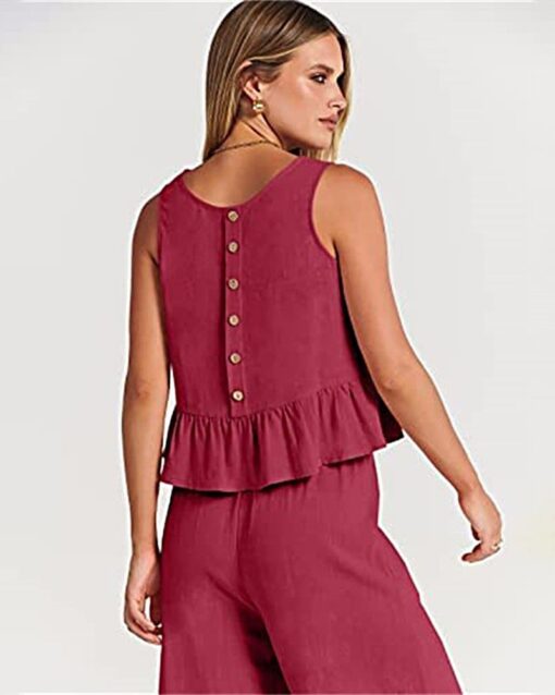 2 Piece Outfits Sleeveless Ruffle Tank Crop Top and Wide Leg Pants Lounge Set with Pockets - Image 9