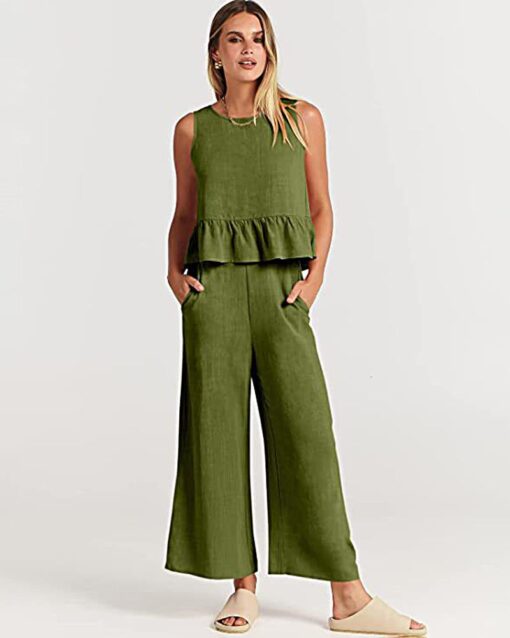 2 Piece Outfits Sleeveless Ruffle Tank Crop Top and Wide Leg Pants Lounge Set with Pockets - Image 6