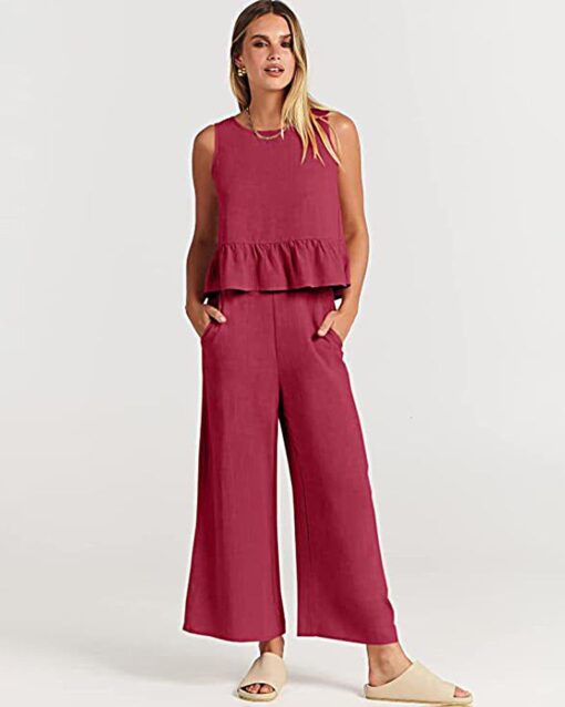 2 Piece Outfits Sleeveless Ruffle Tank Crop Top and Wide Leg Pants Lounge Set with Pockets - Image 13