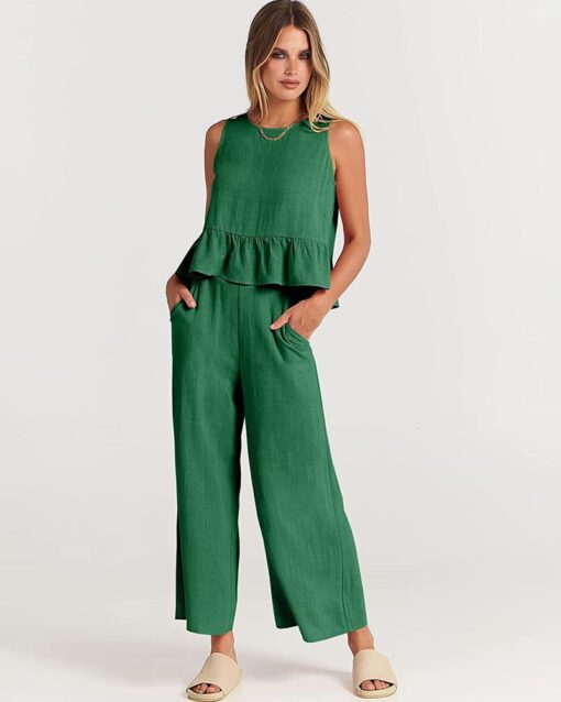 2 Piece Outfits Sleeveless Ruffle Tank Crop Top and Wide Leg Pants Lounge Set with Pockets - Image 34