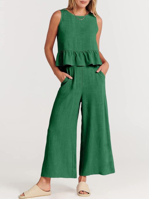 2 Piece Outfits Sleeveless Ruffle Tank Crop Top and Wide Leg Pants Lounge Set with Pockets - Image 32