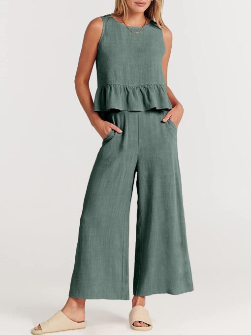 2 Piece Outfits Sleeveless Ruffle Tank Crop Top and Wide Leg Pants Lounge Set with Pockets - Image 38