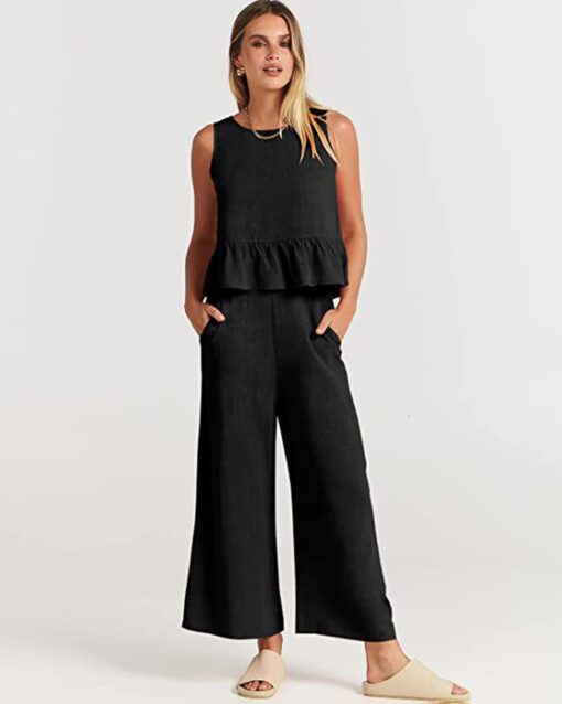 2 Piece Outfits Sleeveless Ruffle Tank Crop Top and Wide Leg Pants Lounge Set with Pockets - Image 48