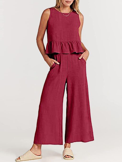 2 Piece Outfits Sleeveless Ruffle Tank Crop Top and Wide Leg Pants Lounge Set with Pockets - Image 51