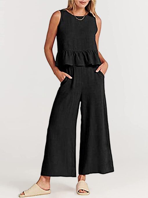 2 Piece Outfits Sleeveless Ruffle Tank Crop Top and Wide Leg Pants Lounge Set with Pockets - Image 57