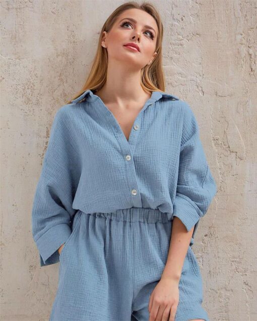 2 Piece Outfits Solid Color Loose Long Sleeve Button-Down Shirt High Waisted Shorts Set - Image 11