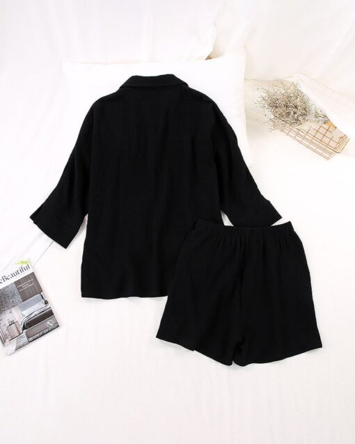 2 Piece Outfits Solid Color Loose Long Sleeve Button-Down Shirt High Waisted Shorts Set - Image 13