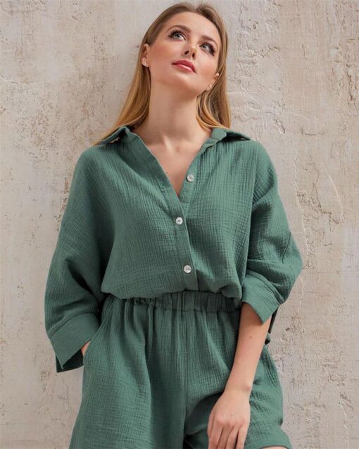 2 Piece Outfits Solid Color Loose Long Sleeve Button-Down Shirt High Waisted Shorts Set - Image 6