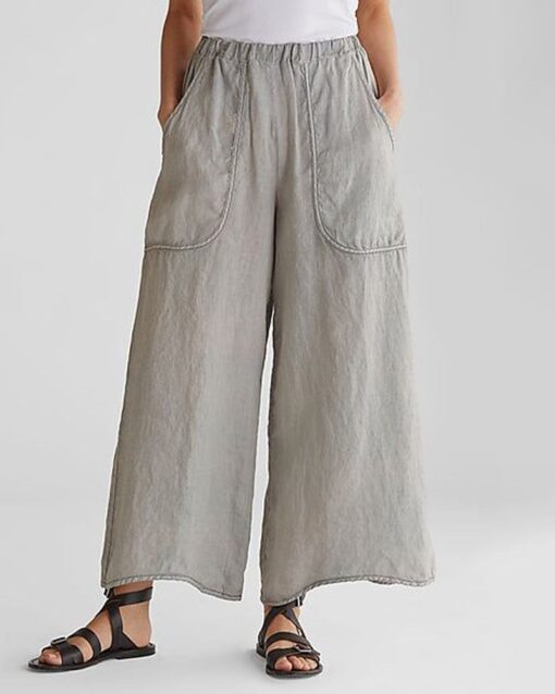 Basic Mid Elastic Waist Wide Legs Cotton Cropped Beach Pants Trousers with Pockets - Image 5