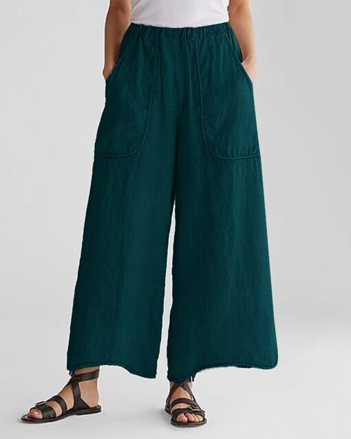 Basic Mid Elastic Waist Wide Legs Cotton Cropped Beach Pants Trousers with Pockets - Image 3