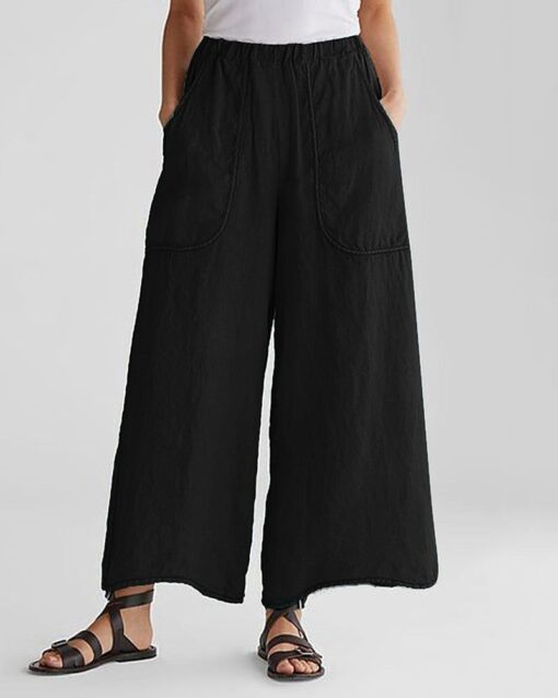 Basic Mid Elastic Waist Wide Legs Cotton Cropped Beach Pants Trousers with Pockets - Image 4