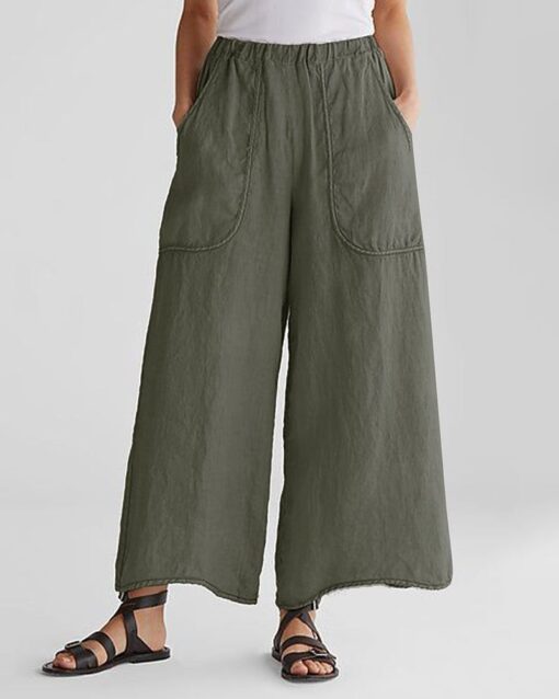 Basic Mid Elastic Waist Wide Legs Cotton Cropped Beach Pants Trousers with Pockets - Image 2