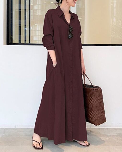 Beach Casual Cotton Linen Solid Color Loose Temperament Long Shirt Dress - Image 2