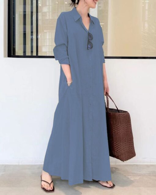 Beach Casual Cotton Linen Solid Color Loose Temperament Long Shirt Dress - Image 5