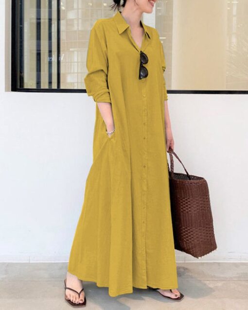 Beach Casual Cotton Linen Solid Color Loose Temperament Long Shirt Dress - Image 13