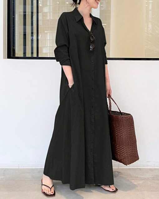 Beach Casual Cotton Linen Solid Color Loose Temperament Long Shirt Dress - Image 9