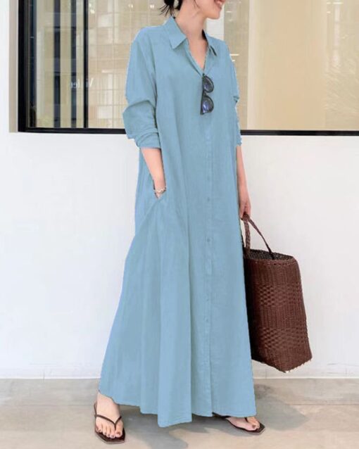 Beach Casual Cotton Linen Solid Color Loose Temperament Long Shirt Dress - Image 6