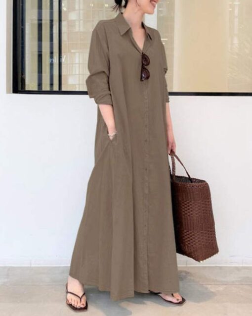 Beach Casual Cotton Linen Solid Color Loose Temperament Long Shirt Dress - Image 7