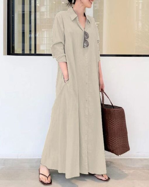 Beach Casual Cotton Linen Solid Color Loose Temperament Long Shirt Dress - Image 8