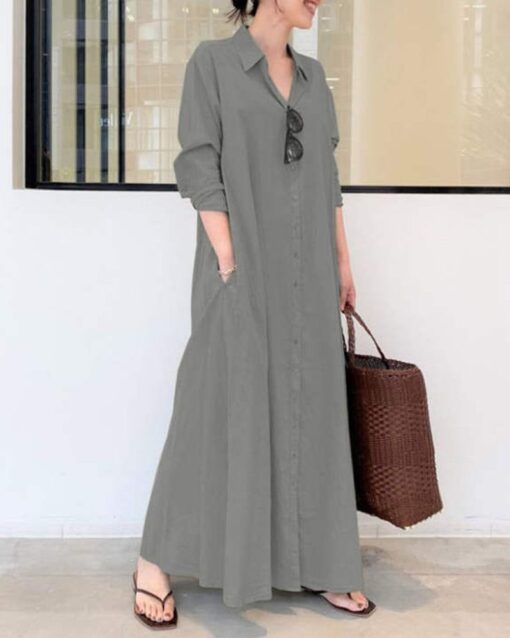 Beach Casual Cotton Linen Solid Color Loose Temperament Long Shirt Dress - Image 3