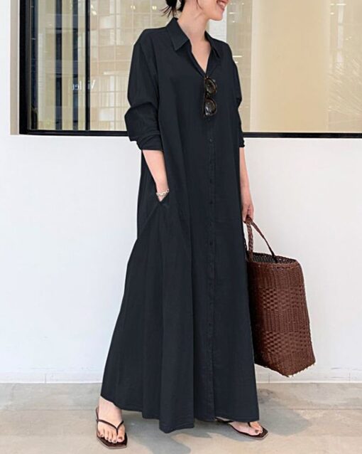 Beach Casual Cotton Linen Solid Color Loose Temperament Long Shirt Dress - Image 11