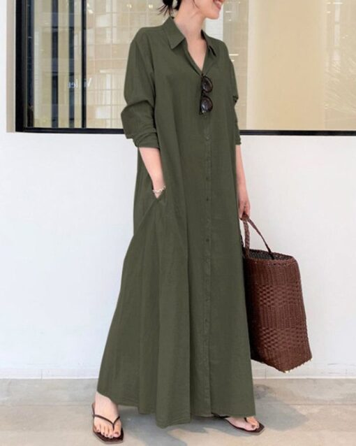 Beach Casual Cotton Linen Solid Color Loose Temperament Long Shirt Dress - Image 12