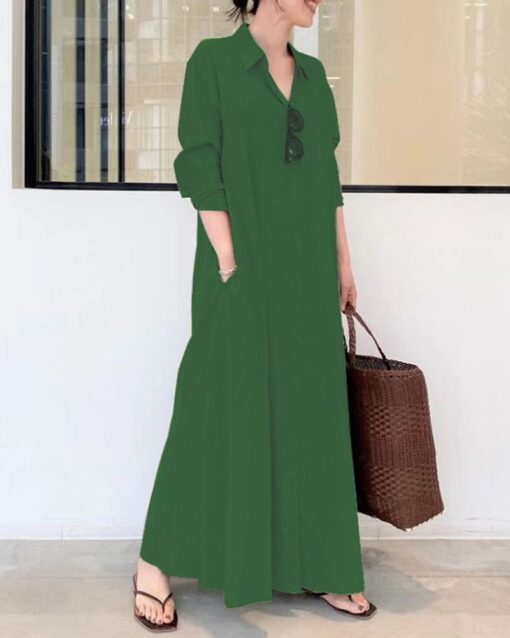 Beach Casual Cotton Linen Solid Color Loose Temperament Long Shirt Dress - Image 16