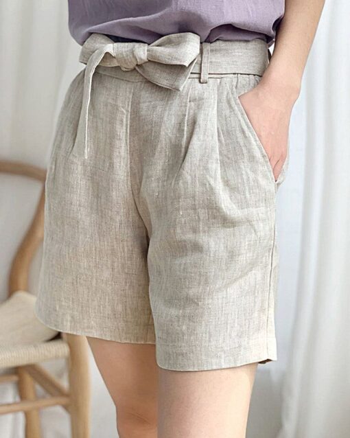 Belted Straight-leg High-waisted Cotton and Linen Casual Pants