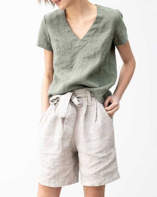 Belted Straight-leg High-waisted Cotton and Linen Casual Pants - Image 3