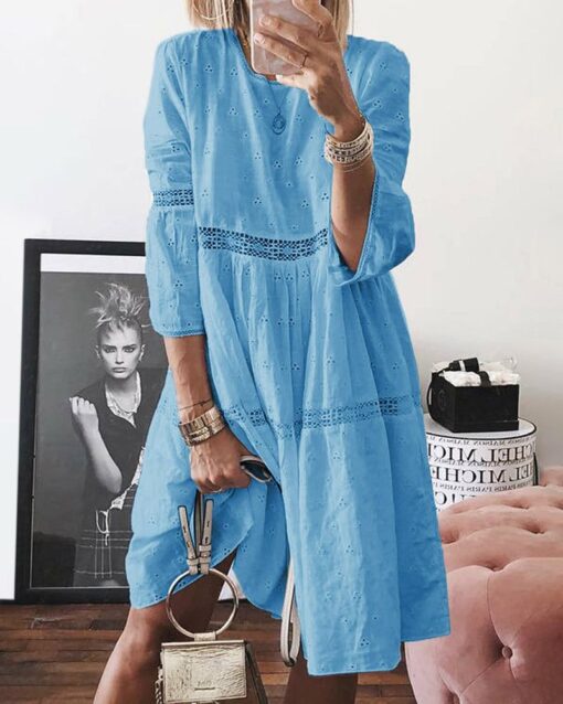 Boho Solid Neck Hollow Out Splice 3/4 Sleeve Midi Dresses - Image 4