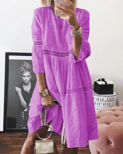 Boho Solid Neck Hollow Out Splice 3/4 Sleeve Midi Dresses - Image 3