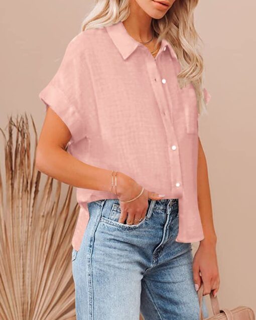 Button Down Blouses Lapel V Neck Plain Tunic Cap Sleeve Fit Loose Tops - Image 8