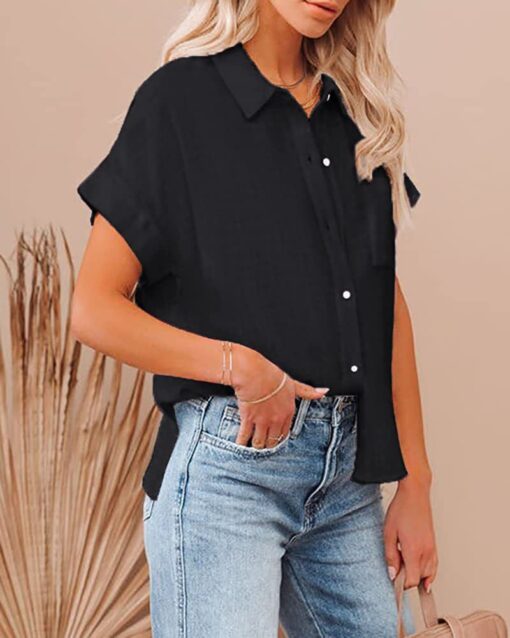 Button Down Blouses Lapel V Neck Plain Tunic Cap Sleeve Fit Loose Tops - Image 19