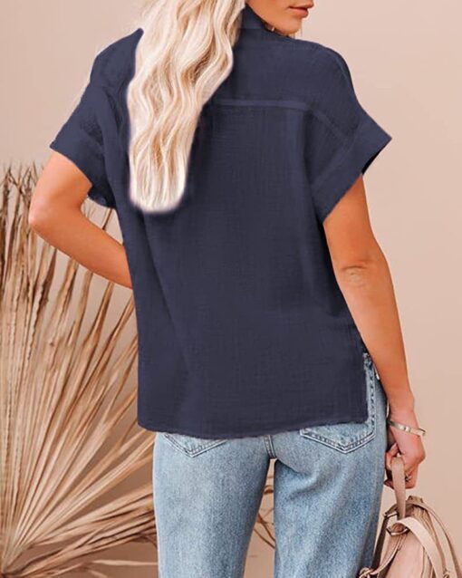 Button Down Blouses Lapel V Neck Plain Tunic Cap Sleeve Fit Loose Tops - Image 12