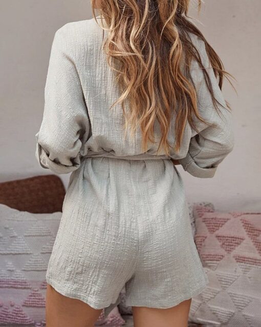 Button Down Jumpsuit Summer Belted Romper Loose Long Sleeve Shorts Jumpsuit - Image 3