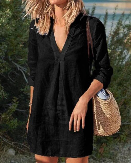 Button Down Knee Length Midi Dress V Neck Split Casual Long Sleeve Dress - Image 5