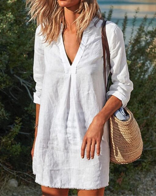 Button Down Knee Length Midi Dress V Neck Split Casual Long Sleeve Dress - Image 2