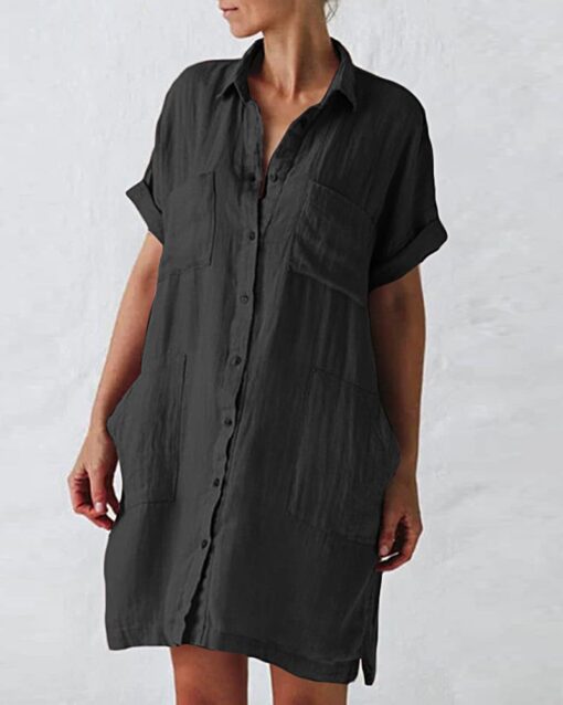 Button Down Long Sleeve V Neck Plain Oversized Dresses Slim Beach Vacation Shirt Dress - Image 8