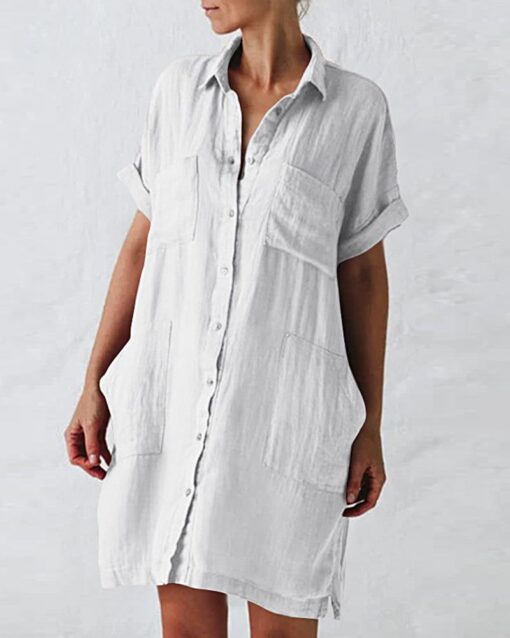 Button Down Long Sleeve V Neck Plain Oversized Dresses Slim Beach Vacation Shirt Dress - Image 11