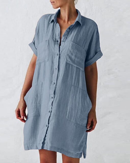 Button Down Long Sleeve V Neck Plain Oversized Dresses Slim Beach Vacation Shirt Dress - Image 6