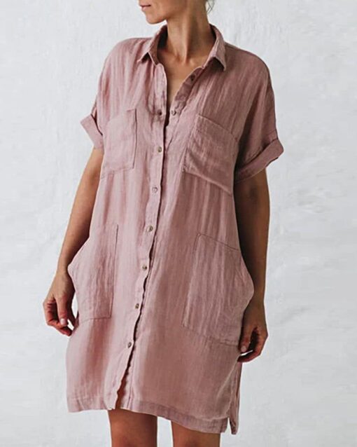 Button Down Long Sleeve V Neck Plain Oversized Dresses Slim Beach Vacation Shirt Dress - Image 10