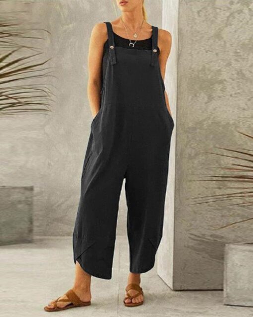 Button Pocket Playsuit Romper Women Strap Long Solid Casual Jumpsuits - Image 6