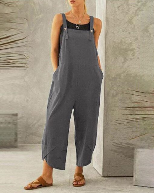 Button Pocket Playsuit Romper Women Strap Long Solid Casual Jumpsuits