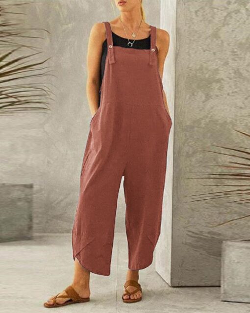 Button Pocket Playsuit Romper Women Strap Long Solid Casual Jumpsuits - Image 3